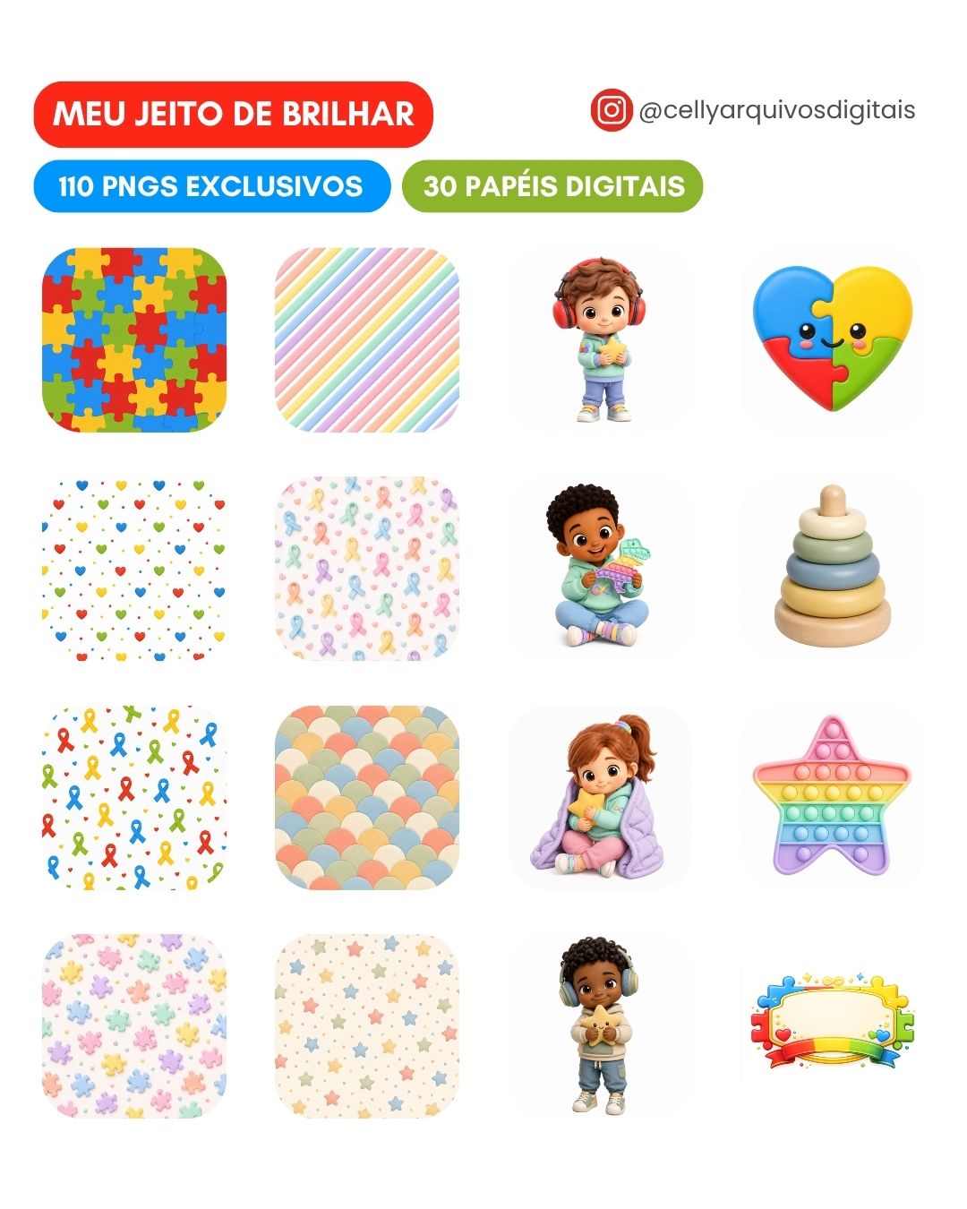 Kit Digital | Autismo | Meu Jeito de Brilhar (+110 PNGs Exclusivos)